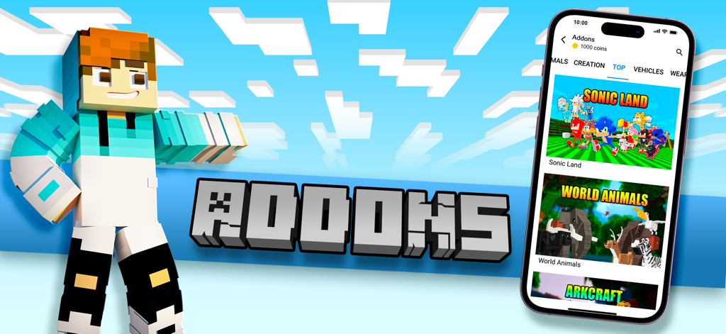 Oberfläche der App Skins for Minecraft Mods, die verschiedene Addons und einen blockigen Charakter zeigt.