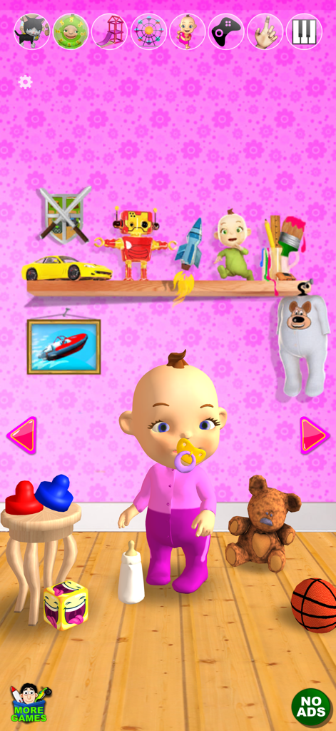 Talking Babsy Baby character standing in a nursery with toys and game icons