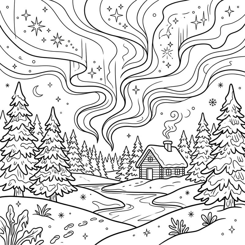 Journey to a peaceful winter landscape where the spectacular Aurora Borealis dances above a snow-covered cabin and pine forest. This enchanting coloring page invites you to bring vibrant hues to the Northern Lights and snowy scenery.