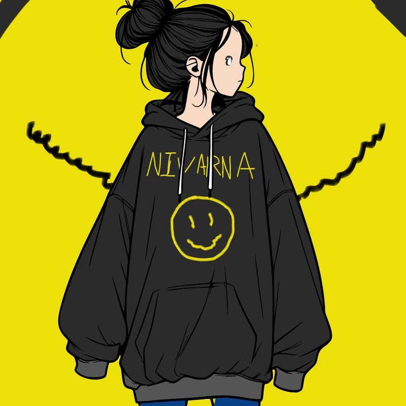 realistic girl with a oversized sweatshirt on and a bun