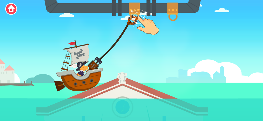 Dinosaur Pirate Games for kids - A dinosaur on a pirate ship using a mechanical arm to solve a physics puzzle