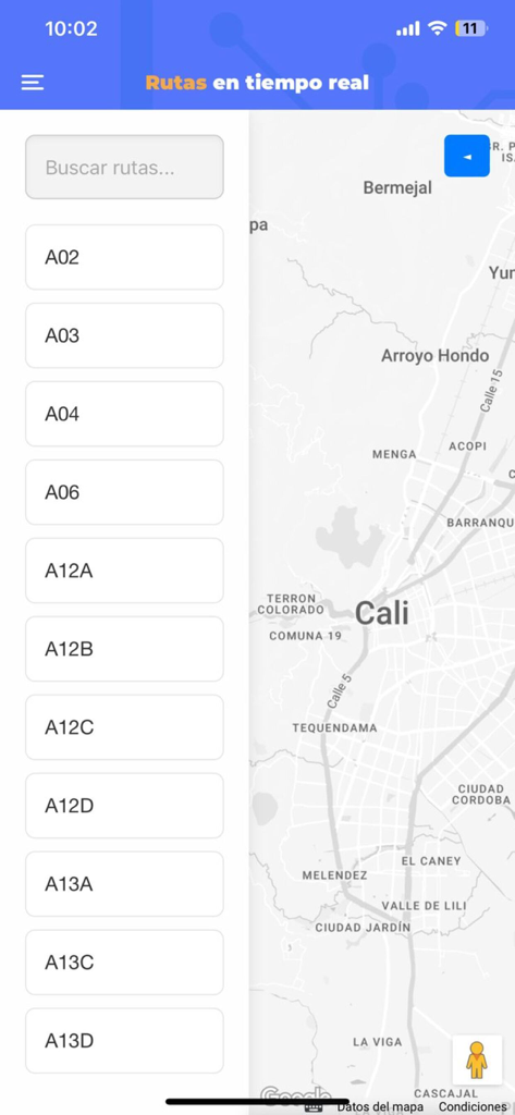 Vue de la carte et du menu des itinéraires de bus en temps réel dans l'application Mio.