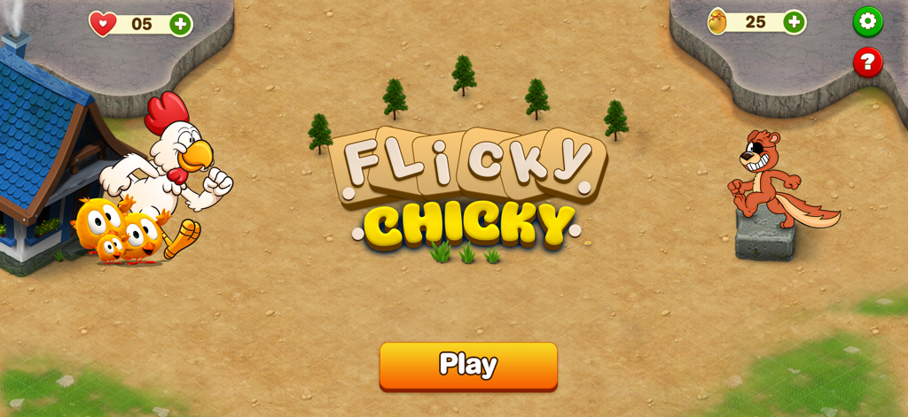 Main menu of Flicky Chicky Chicken Run mobile game featuring Flicky the chicken and her chicks facing Squirry the squirrel