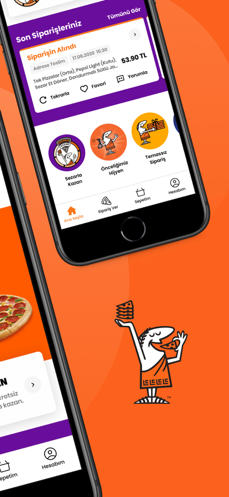 Little Caesars Turkiye mobile app interface displaying recent order history and quick navigation buttons
