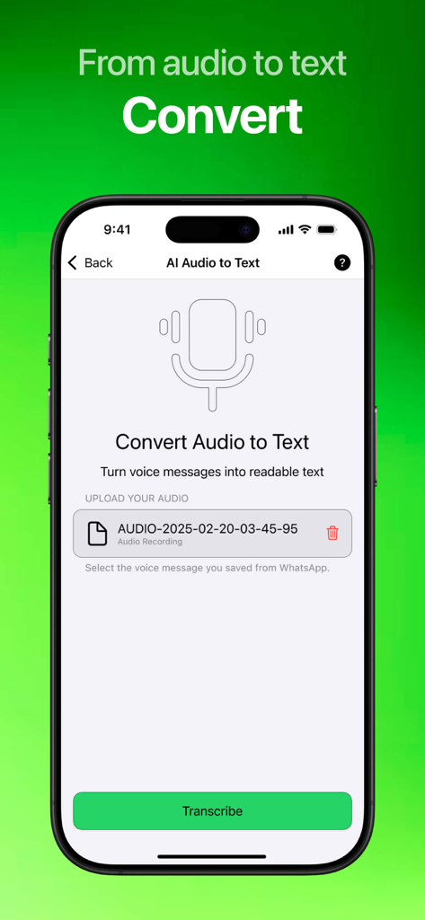 Un smartphone que muestra la función de transcripción de audio a texto con IA en la aplicación Mensajero Doble para WhatsApp