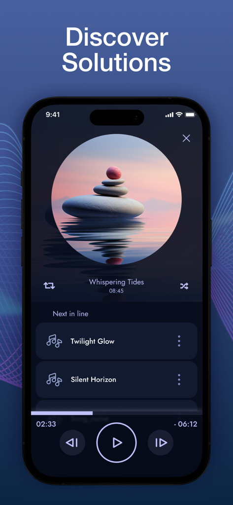 Smartphone screen showing the Snore Recorder app relaxation soundscape player with zen stone imagery