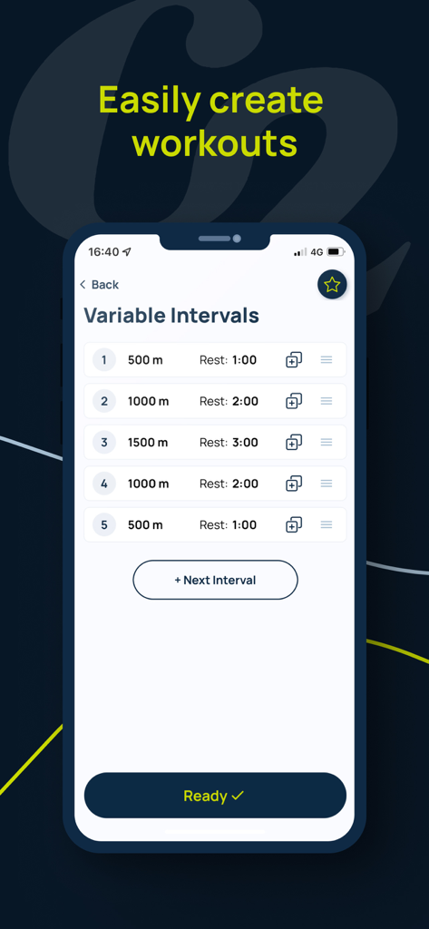 ErgData - Interface de l'application ErgData montrant comment créer des entraînements à intervalles variables personnalisés pour les appareils Concept2