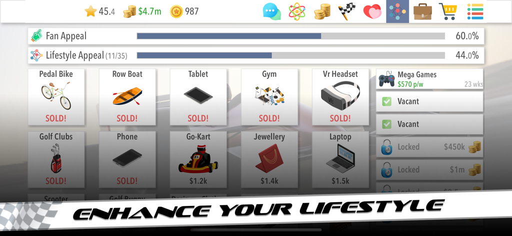 Motorsport Superstar - Lifestyle upgrade menu in Motorsport Superstar showing purchasable items like jewelry and a go-kart to increase lifestyle appeal