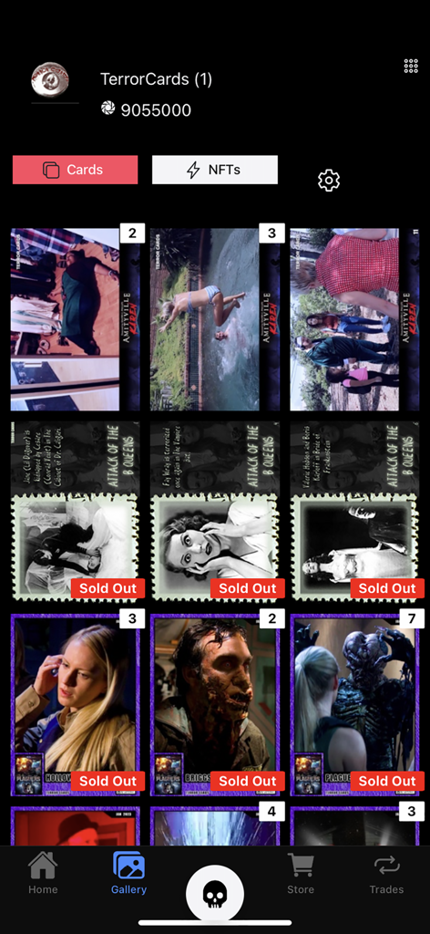 A mobile app interface displaying a digital collection of horror movie trading cards in the gallery view.