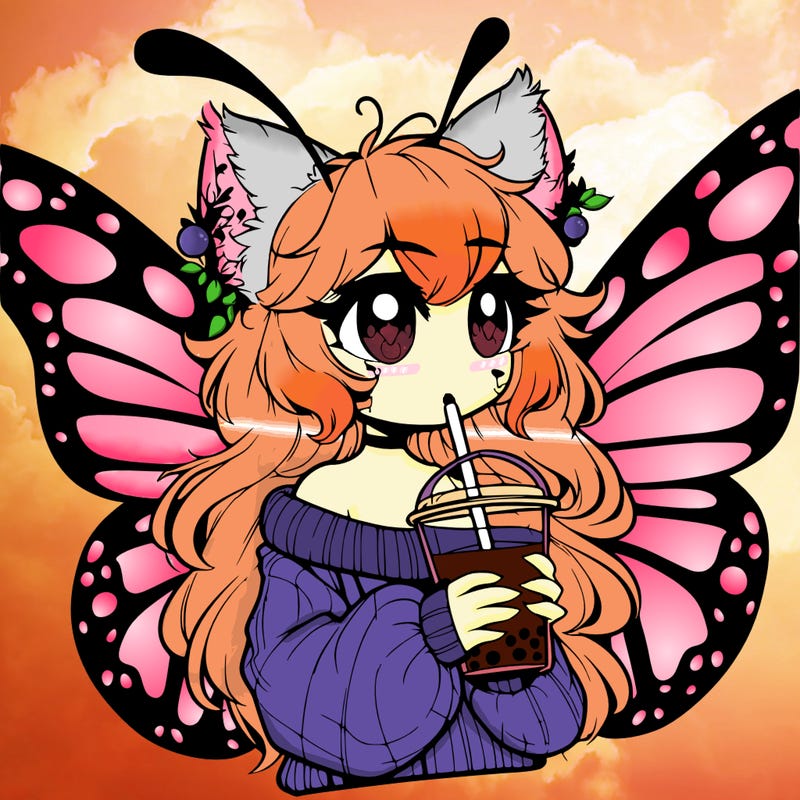 a realistic butterfly/furry girl drinking boba