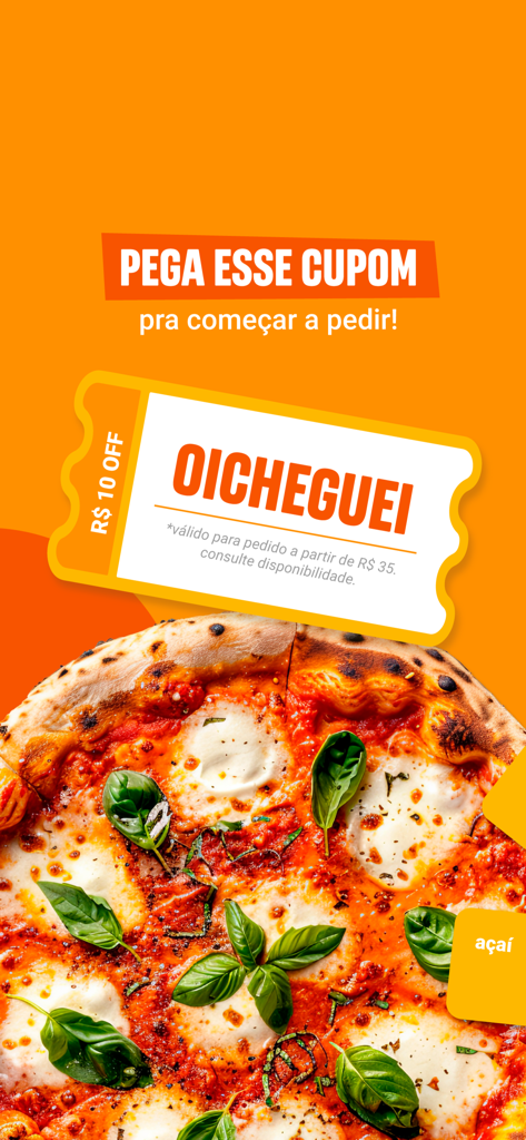 Delivery Much: Pedir Comida - Delivery Much アプリのプロモーション画面。マルゲリータピザと 10 レアルの割引クーポンコード OICHEGUEI が表示されています。