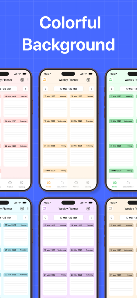 Daily Planner- Digital Planner - Una exhibición de seis iPhones mostrando la aplicación Planificador Diario con varios temas de fondo coloridos, incluyendo rosa, amarillo, verde, azul, morado y beige.