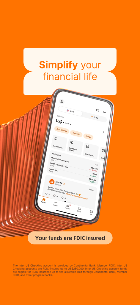 Inter banking app interface showing balance and investment options with a message about FDIC insured funds