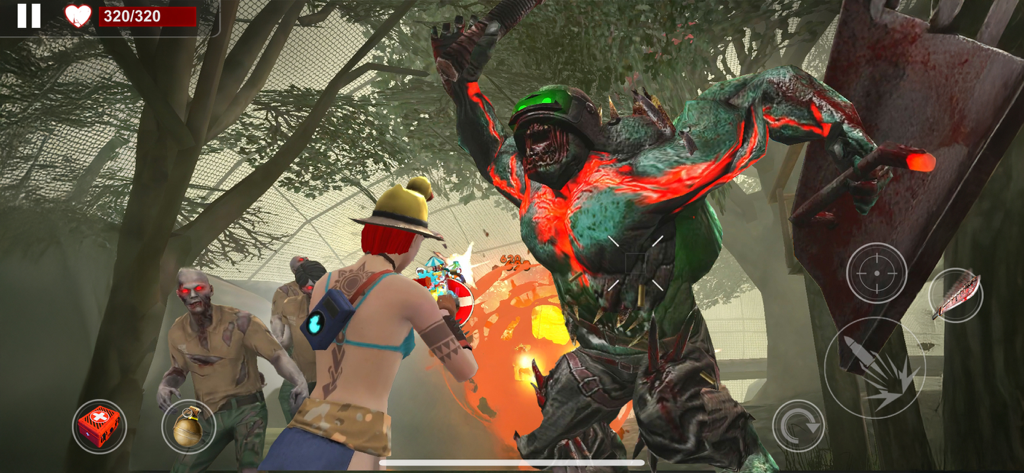 Un personaje jugador luchando contra un jefe zombi masivo y brillante en un entorno 3D