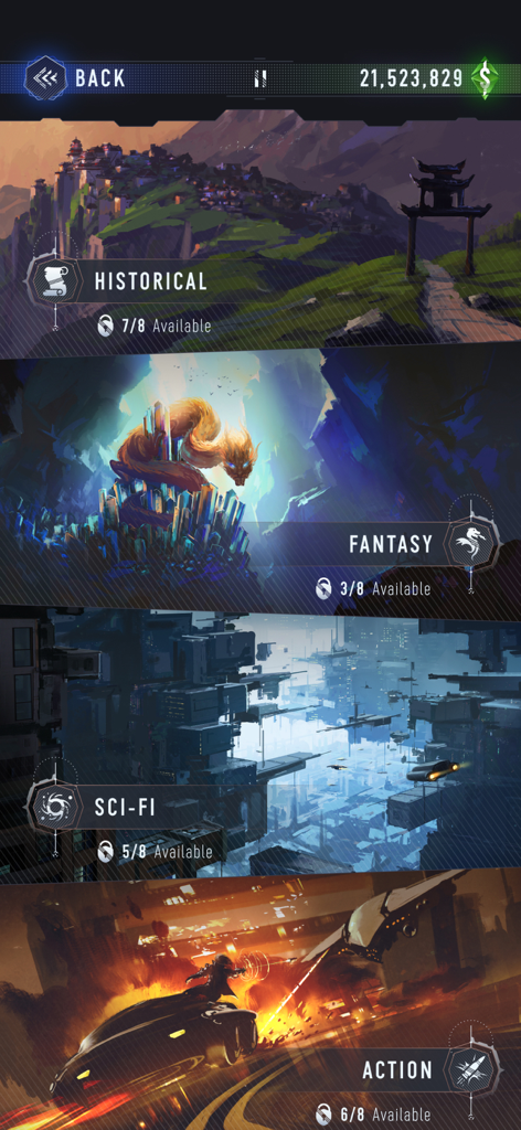 The Artman - Genre selection screen in The Artman app featuring Historical Fantasy Sci-Fi and Action movie categories with futuristic digital art