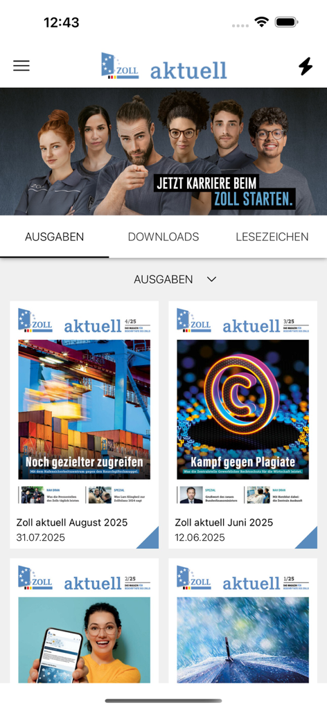 List of German customs magazine issues in the Zoll aktuell mobile app showing trade and security topics.