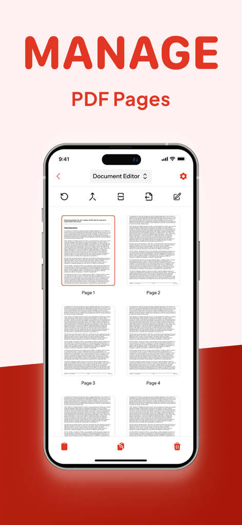PDFエディターアプリのPDFページ管理機能を表示するiPhone画面