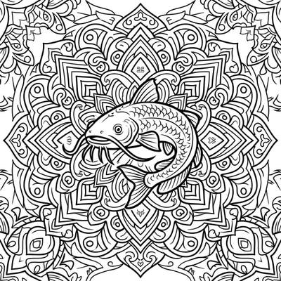 Unleash your artistic flair with this unique coloring page featuring a dynamic catfish at the heart of a mesmerizing Pop Art mandala. Its bold outlines and symmetrical design promise hours of relaxing and engaging creative fun.
