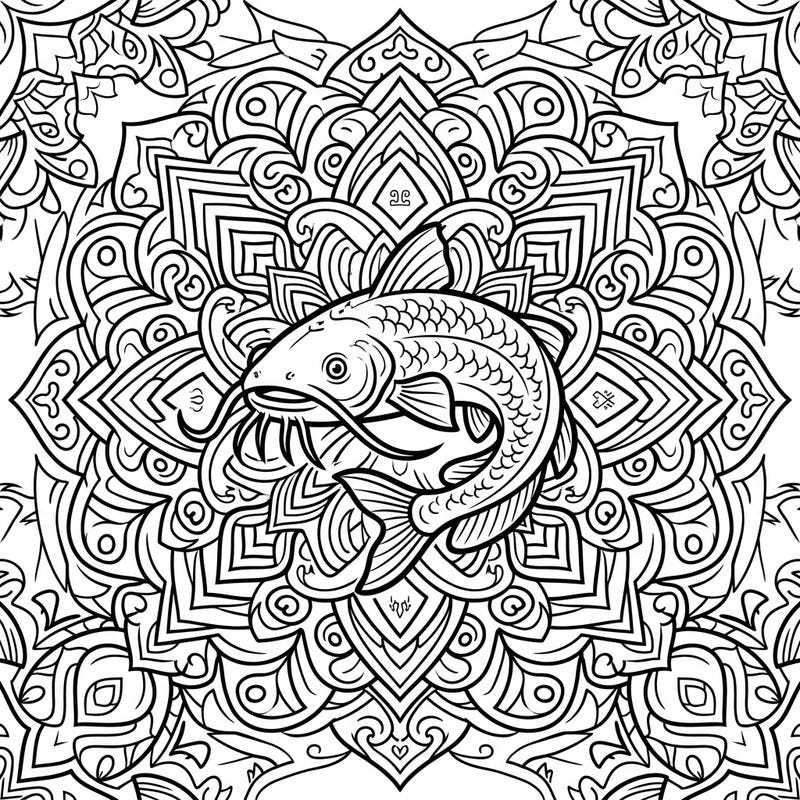 Unleash your artistic flair with this unique coloring page featuring a dynamic catfish at the heart of a mesmerizing Pop Art mandala. Its bold outlines and symmetrical design promise hours of relaxing and engaging creative fun.