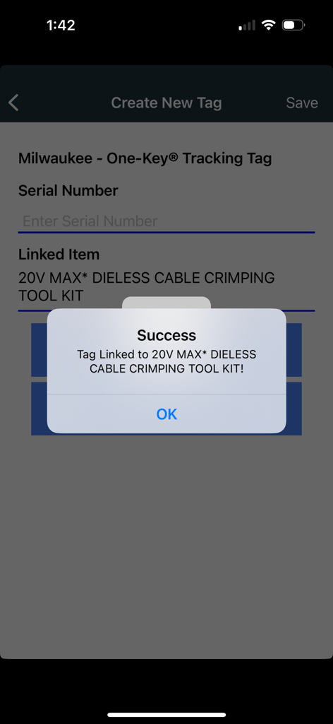 ToolWatch - Success message in the ToolWatch app confirming a tracking tag is linked to a construction tool kit