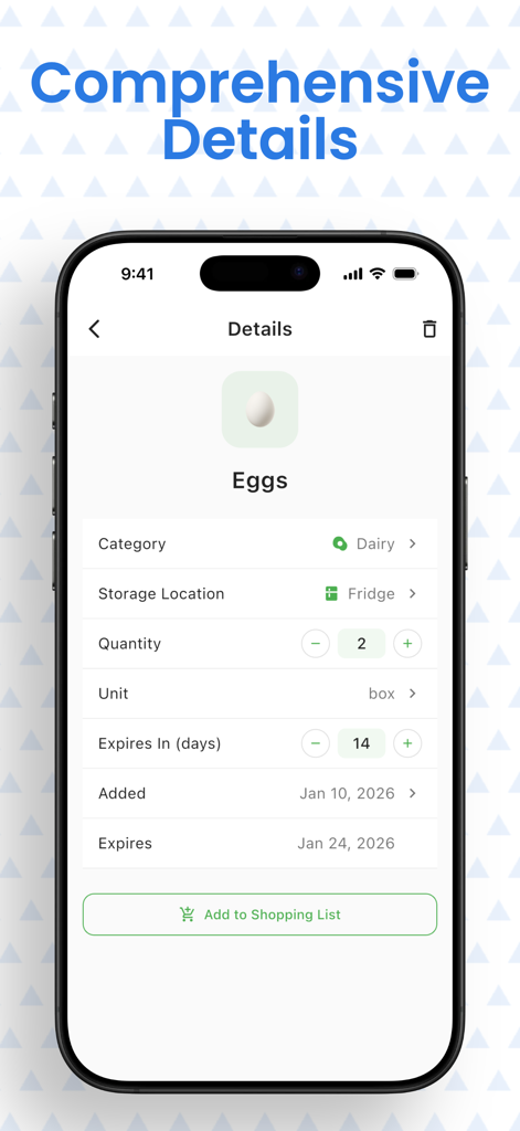 A mobile interface displaying comprehensive food inventory details for eggs including category storage location quantity and expiry date