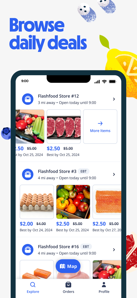 Flashfood app screen showing discounted grocery items like meat and eggs from local partner stores.