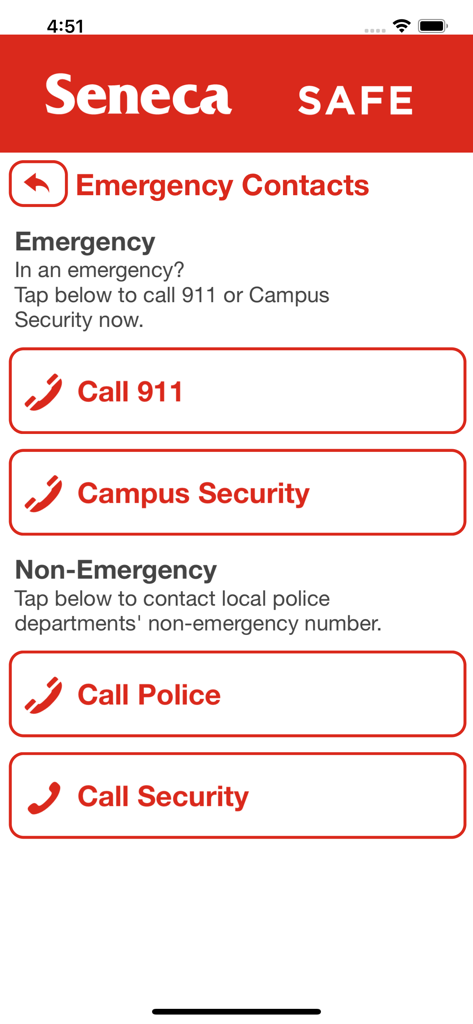 The emergency contacts screen of the Seneca Safe app showing buttons to call 911 or campus security.