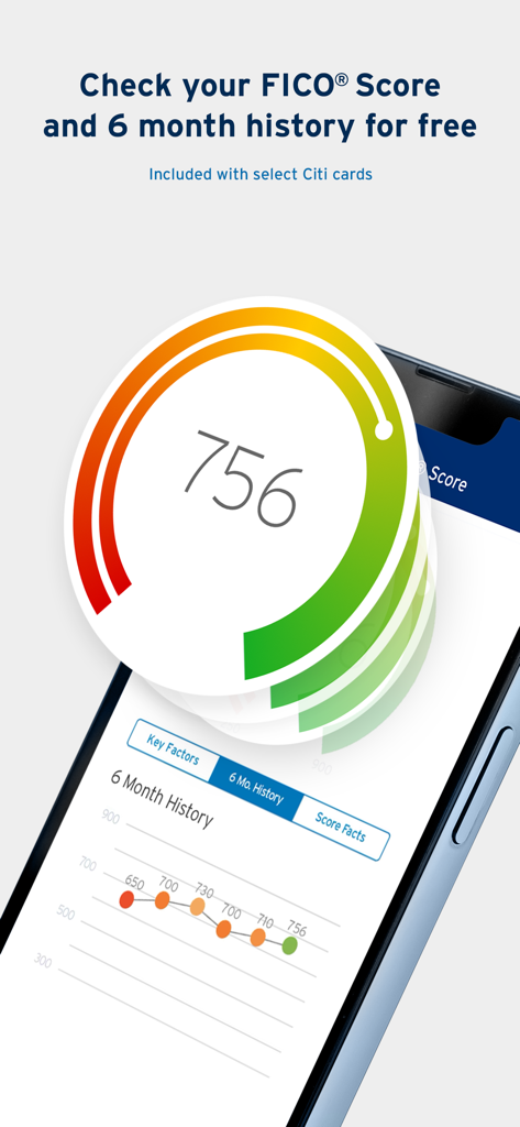 Screenshot of the Citi Mobile app showing a FICO credit score gauge and a 6-month history chart.