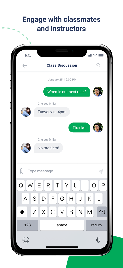 CourseKey Student - CourseKey Studentアプリのチャットインターフェース。学生間のクラスディスカッションが表示されています。