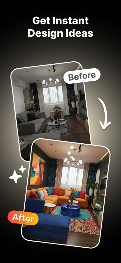 AI Home Planner – Design App - Comparación de antes y después de una sala de estar rediseñada con Planificador Hogar IA