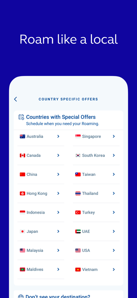 GlobeOne: Get More from Globe - Pantalla de la aplicación GlobeOne que muestra ofertas de roaming para varios destinos internacionales, incluyendo EE. UU., Canadá y Japón