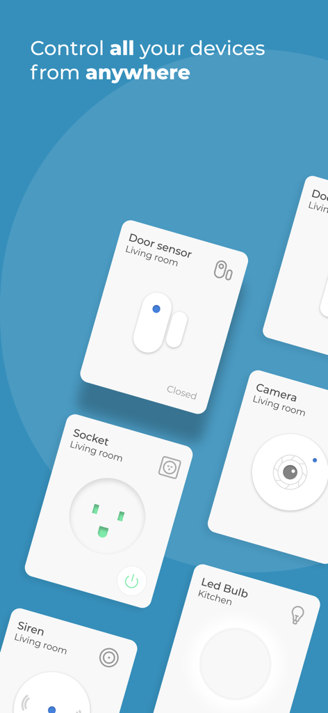 Xtreme Connected Simple Home - App interface showing smart home device control cards for door sensors cameras and led bulbs