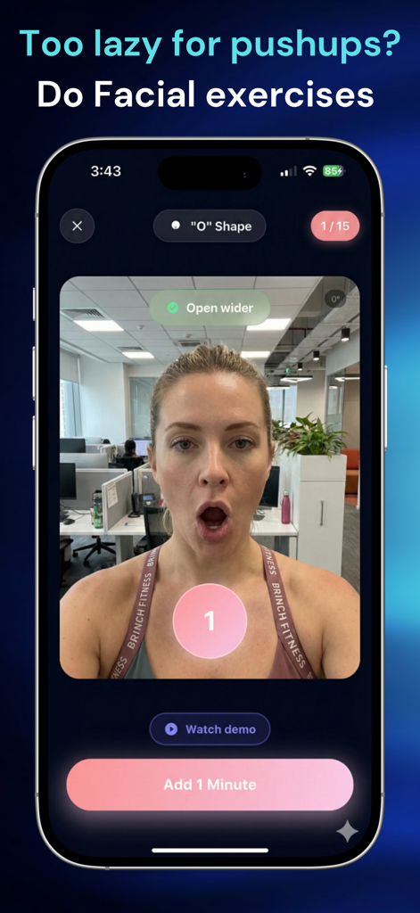 SweatPass: Earn Screen Time - A person performing a facial exercise on the SweatPass app to earn additional screen time