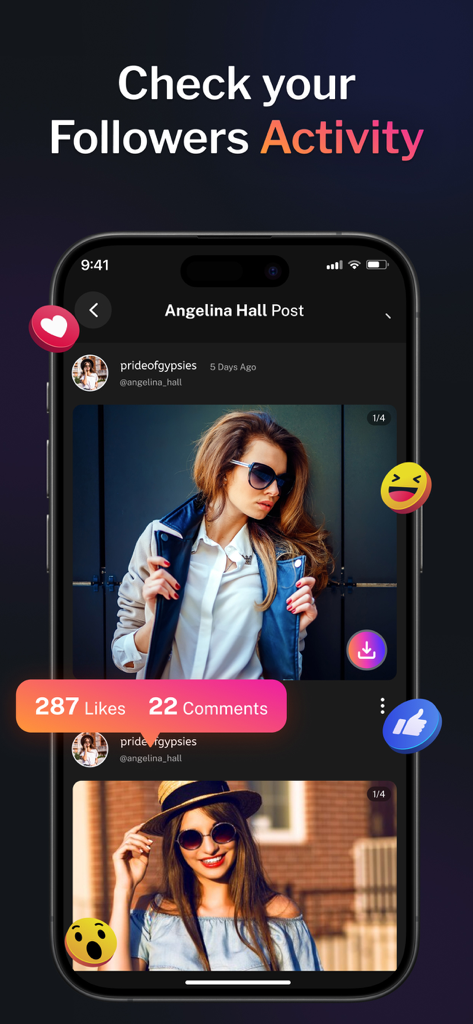 Unfollow Tracker for Instagram - Un smartphone que muestra una interfaz de aplicación para rastrear la interacción de publicaciones de Instagram y la actividad de seguidores