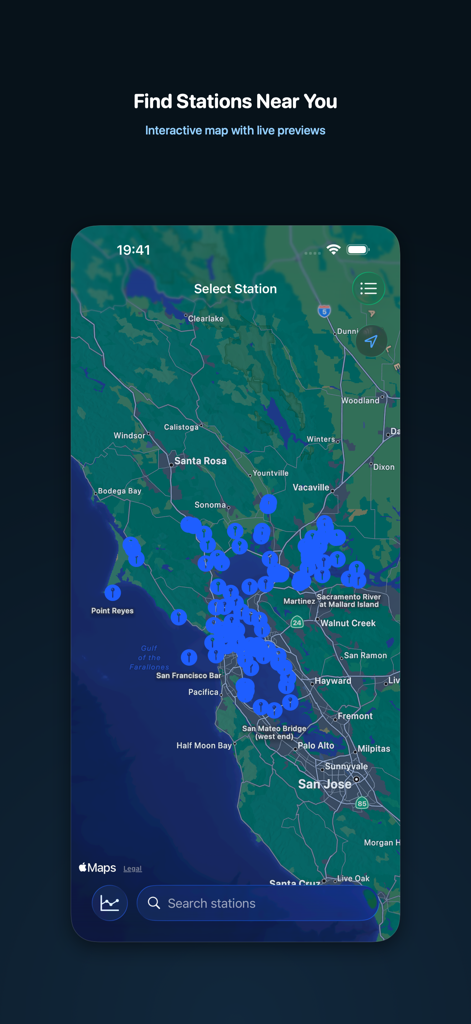 MyTides - An interactive map within the MyTides app displaying various tide stations across the San Francisco Bay Area