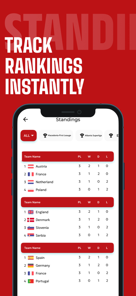 Tudo Football App - A mobile screen from the Tudo Football app displaying football league standings and team rankings with win loss and draw statistics.