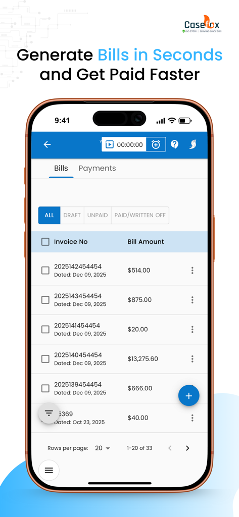 CaseFox - Interfaz de la aplicación móvil CaseFox que muestra la gestión de facturación legal y facturas