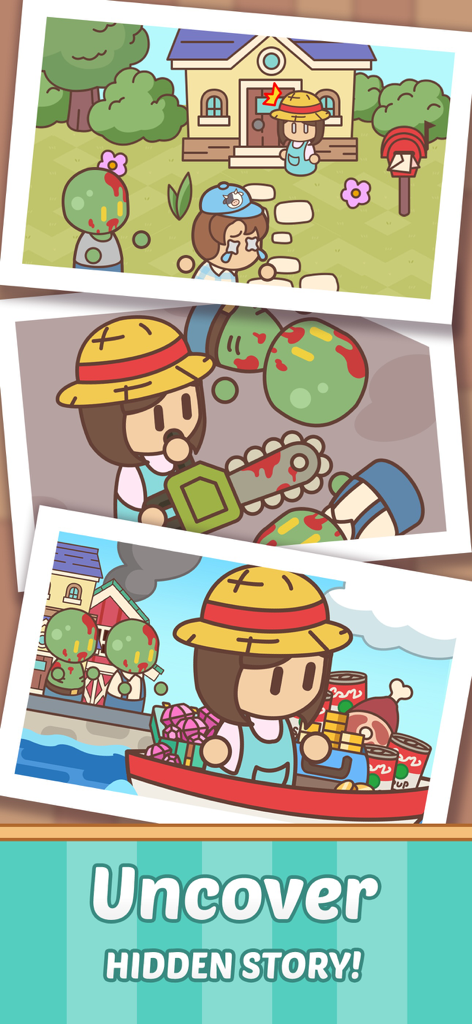 Merge Mend : Renovate Town - Ilustraciones estilo cómic de una chica luchando contra zombis con una motosierra y escapando en un barco para descubrir la historia oculta del pueblo