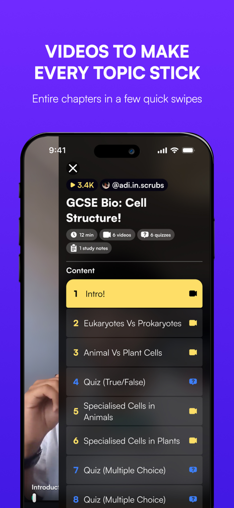 A smartphone screen displaying the Revyze app with a list of biology video lessons and quizzes