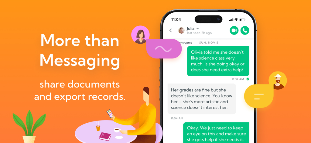 AppClose - Une capture d'écran de l'application AppClose montrant son interface de messagerie sécurisée pour les coparents avec un texte soulignant le partage de documents et les capacités d'exportation d'enregistrements.