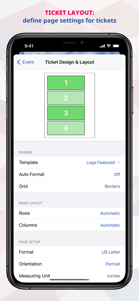 EventCode+ XQ QR Ticket System - A mobile interface for designing ticket layouts and page settings in the EventCode plus XQ app