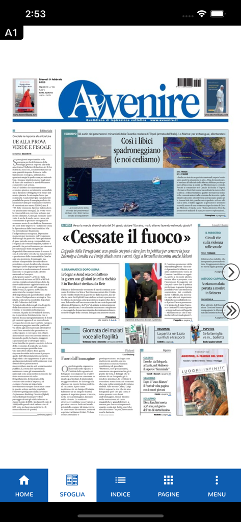 Avvenire - Edición digital del periódico Avvenire mostrando la portada y el menú de navegación.