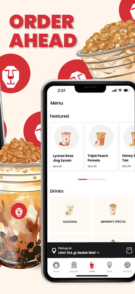 LiHO TEA SG - LiHO TEA SG mobile app screen showing featured bubble tea drinks and order ahead menu