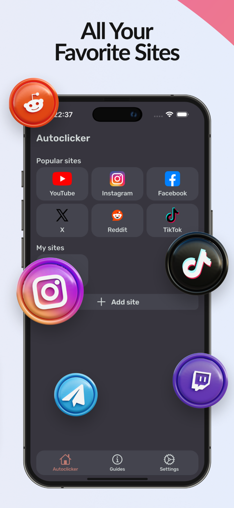 OP Auto Clicker- Automatic Tap - Interfaz de la aplicación OP Auto Clicker que muestra una lista de sitios de redes sociales favoritos para la automatización