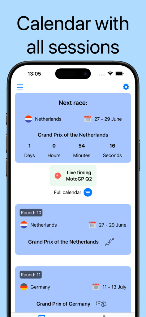 Moto Grid: GP Live Info - Moto Grid app showing the MotoGP race calendar and countdown timer for the next Grand Prix.
