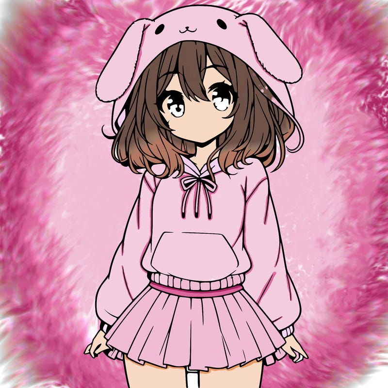 pretty anime girl wearing a fluffy hoodie with bunny ears on the hood and a skirt