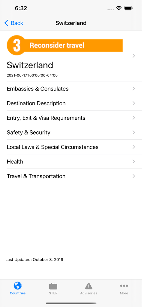 Smart Traveler - Smart Traveler app screen showing a level three travel advisory for Switzerland with links to safety and visa information