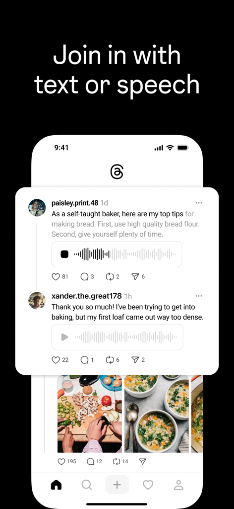 A screenshot of the Threads app interface showing user conversations with text and voice notes