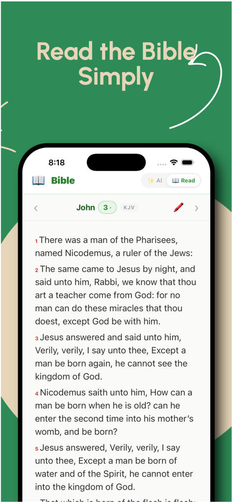 Plantd: Bible & Devotionals - Interfaz de la aplicación Plantd que muestra una vista de lectura limpia de la Biblia con versículos de Juan 3