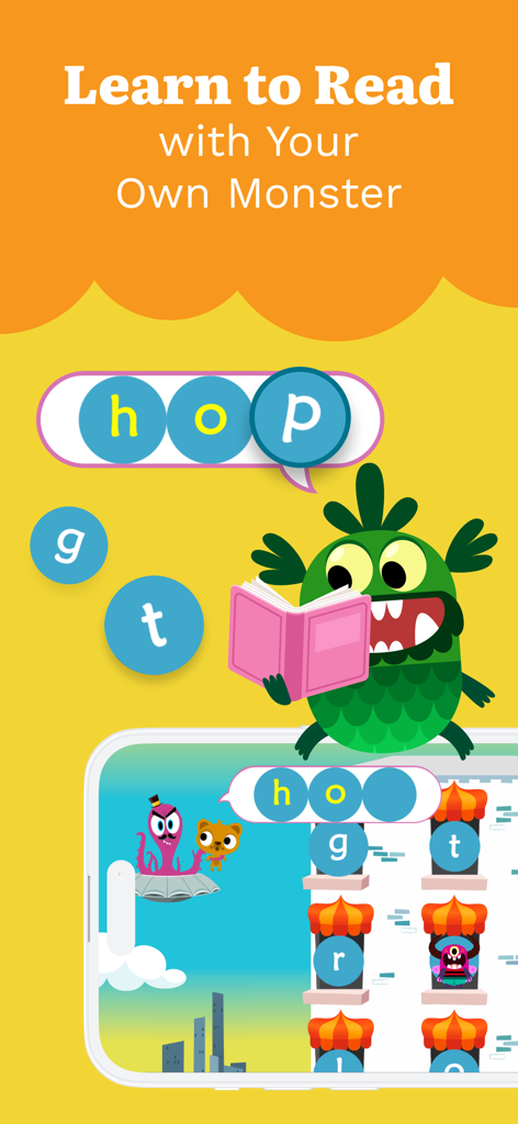 緑色のモンスターとフォニックス学習用の文字の泡が表示されたTeach Your Monster to Readアプリのインターフェイス